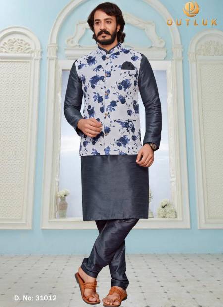 Dark Gray Colour Exclusive Festive Wear Digital Art Silk Printed Kurta Pajama With Jacket Mens Collection 31012